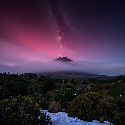 Photograph of a mountain shrouded in mist, with vibrant pink and purple sky, galaxy-like streaks, and snow-covered forest in the foreground