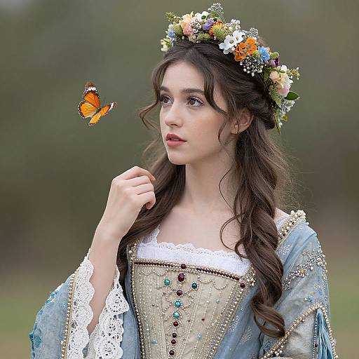 Photograph of a fair-skinned, brown-haired woman wearing a floral crown, medieval-style blue dress, and lace, with an orange butterfly hovering nearby