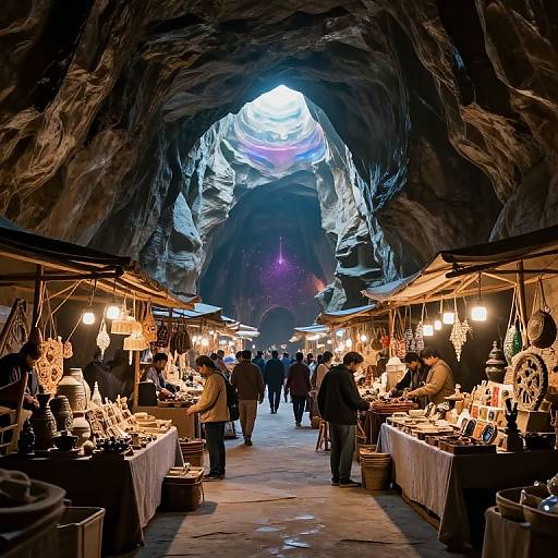 Photograph of a bustling, dimly-lit cave market with hanging lights, vendors, and customers browsing jewelry and crafts under a rocky, cavernous