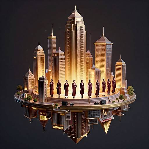 Photograph of a lit, 3D model cityscape featuring tall, illuminated skyscrapers and eight silhouetted figures in suits standing on