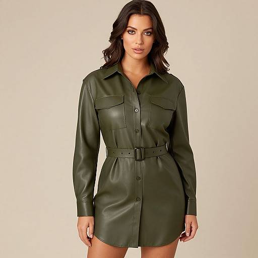 Photograph of a brunette woman with wavy hair, wearing a dark green, long-sleeved leather belted dress, standing against a plain white