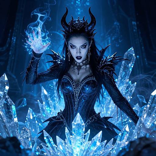 Digital artwork of a dark, gothic queen with black horns, wearing a spiked, crystal-encrusted dress, conjuring blue fire amidst glowing