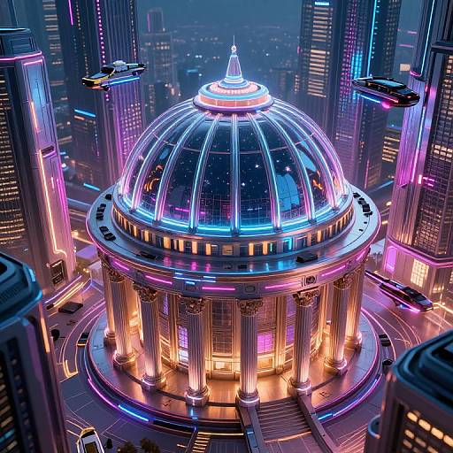 Futuristic Neon Rotunda in Sci-Fi Cityscape