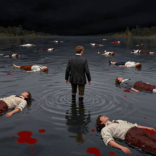 Photograph: Man in dark suit stands in dark, rippling lake, surrounded by floating, lifeless bodies with bloodstains on water.