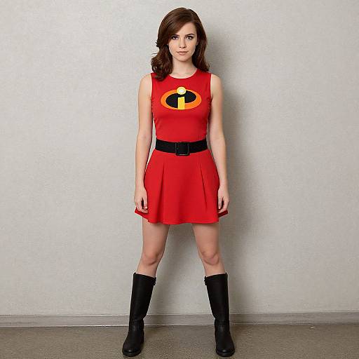 Photograph of a fair-skinned woman with shoulder-length brown hair, wearing a red sleeveless dress with an 