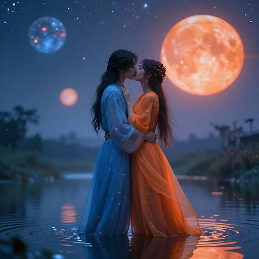 Digital art of two women kissing in a moonlit lake, wearing blue and orange flowing dresses, surrounded by glowing planets.