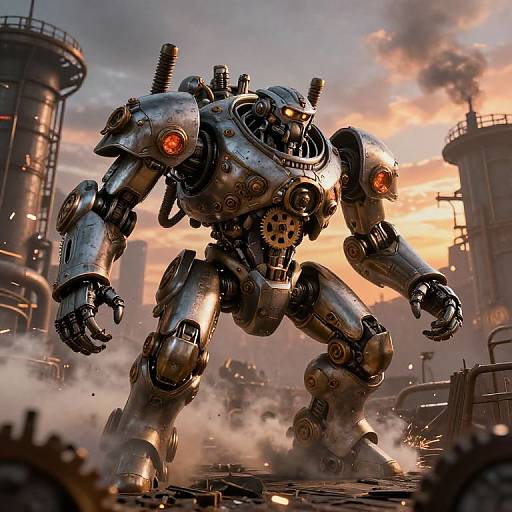 Photorealistic CGI of a massive, metallic robot with glowing red eyes and riveted armor, standing in a smoky, industrial factory at sunset.