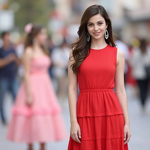 Elegant Girl in Red Tiered Dress