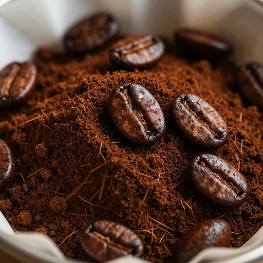 Close-up photograph of roasted coffee beans scattered atop a mound of rich, dark brown coffee grounds in a white ceramic bowl.
