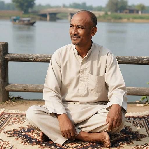 Serene Riverbank Scene with Middle-Aged Man