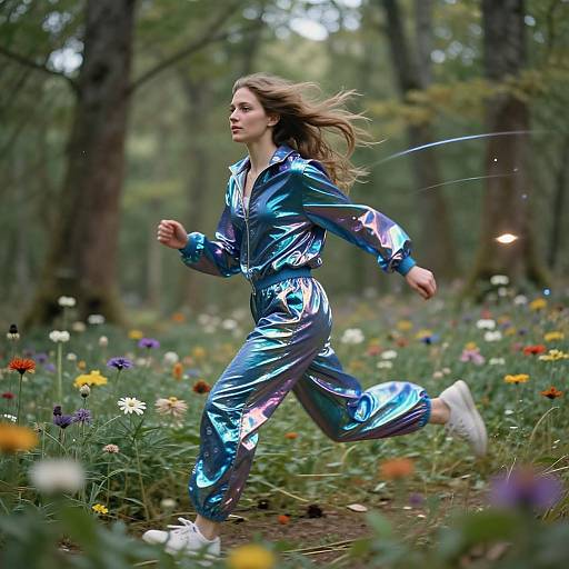 Photograph of a blonde woman running through a forest, wearing a shiny blue metallic jumpsuit and white sneakers, surrounded by colorful wildflowers.