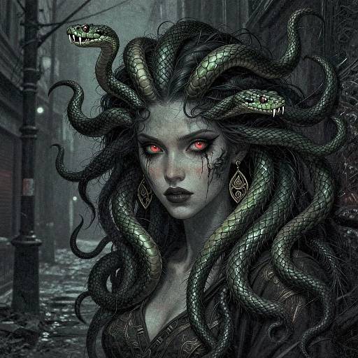 Digital artwork of a pale, eerie woman with glowing red eyes and dark, serpent-like hair, wearing ornate earrings, in a rainy, dark alley