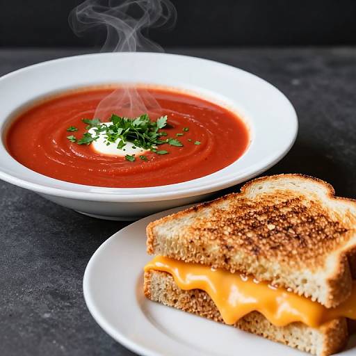 Photograph of a grilled cheese sandwich with melted orange cheddar and a bowl of steaming red tomato soup, garnished with parsley.