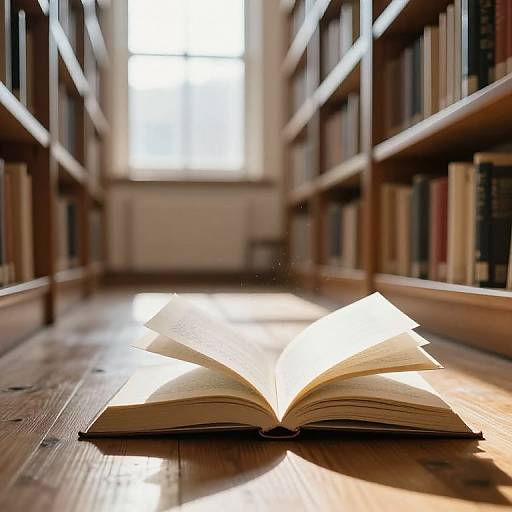 Sunlit Library with Fluttering Books