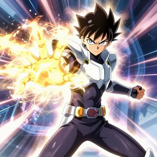 Digital anime-style drawing of a black-haired, spiky-haired male character in a black and white suit, firing a glowing yellow energy blast against a dynamic