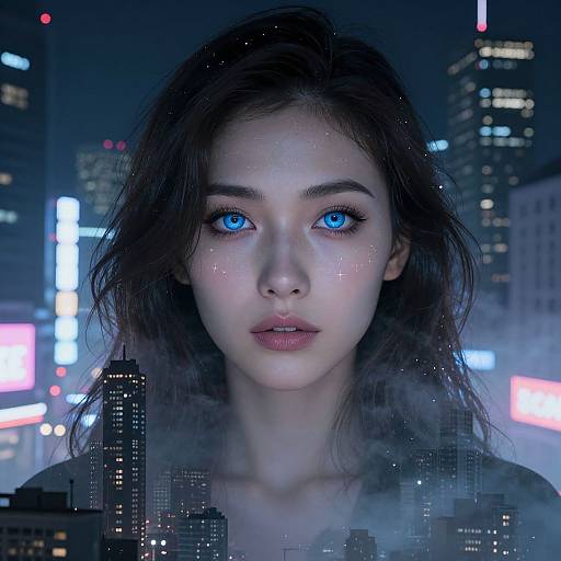 Digital art of a beautiful, fair-skinned woman with striking blue eyes, dark wavy hair, and glowing face, set against a nighttime cityscape