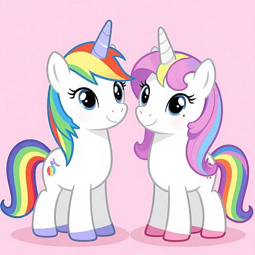 Digital drawing of two cute, white, cartoon unicorns with colorful manes and tails, standing on a pink background, smiling at each other.