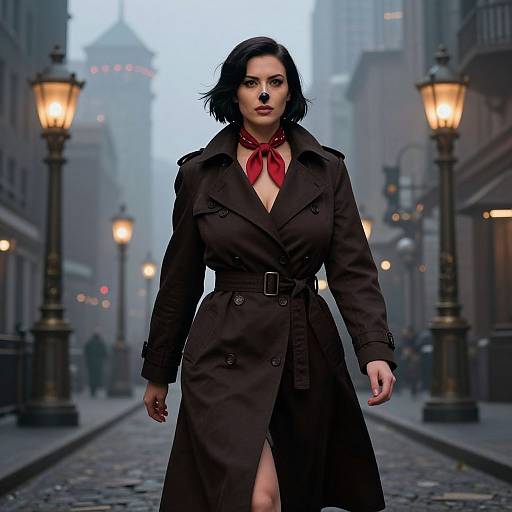 Digital art: Confident woman with short black hair, red scarf, and brown trench coat walks down a foggy, cobblestone street at night