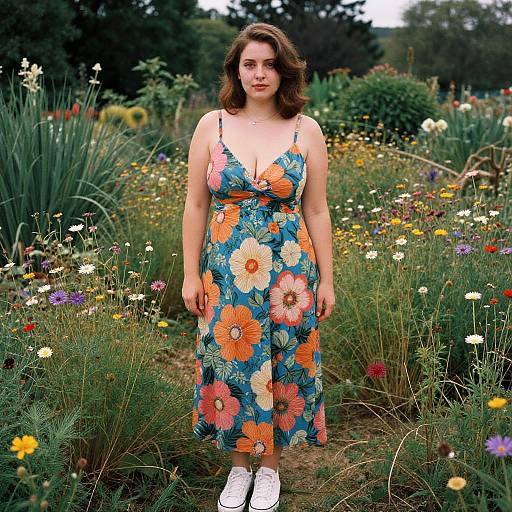 Photograph of a young woman with shoulder-length brown hair, wearing a floral dress with orange and blue flowers, standing in a vibrant, colorful garden filled