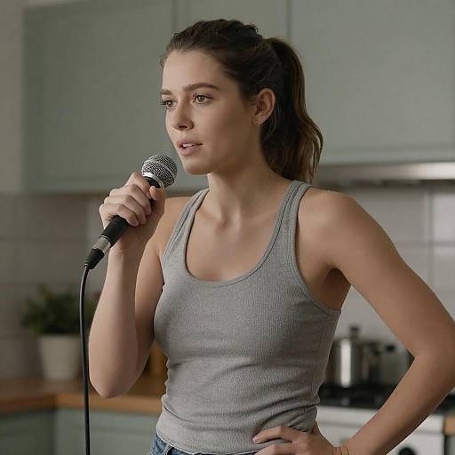 Woman Singing with Microphone in Kitchen