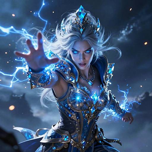 Digital artwork of a fierce, blue-eyed, white-haired sorceress in glowing blue armor, summoning electric blue lightning with her outstretched hand