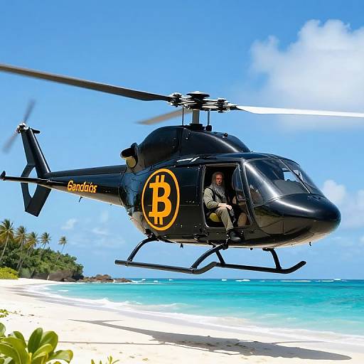 Photograph of a black Bitcoin helicopter with yellow 