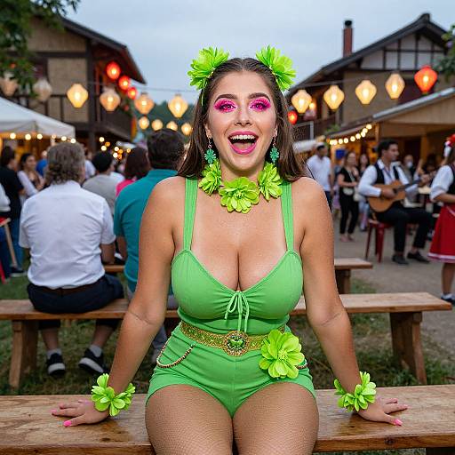 Photograph of a smiling woman with pink eye makeup, green floral attire, and accessories, sitting on a wooden bench in a lively, outdoor evening festival