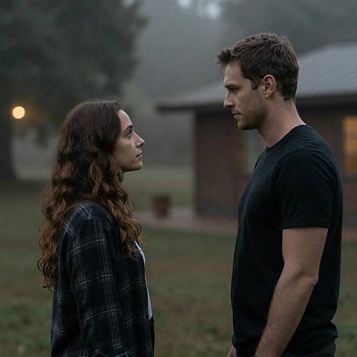 Man and woman facing each other outdoors at dusk
