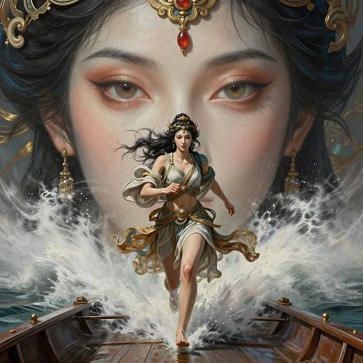 Digital art: Powerful Hindu goddess with black hair, golden jewelry, white drapery, running across wooden boat, splashing ocean water, large eyes