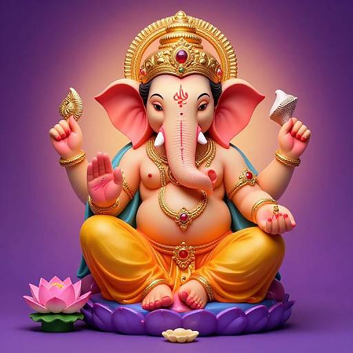 Digital artwork of Ganesha, a chubby, pink-skinned elephant god with a gold crown, orange dhoti, and jewelry, seated on