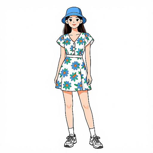 Digital drawing of a smiling Asian woman with long black hair, wearing a blue bucket hat, white floral dress, white socks, and black sneakers, standing