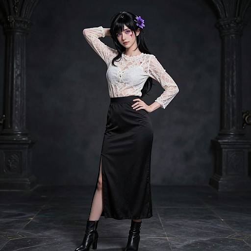 Photograph of a pale-skinned woman with black hair, purple flower, white lace blouse, black skirt with thigh slit, black boots, posing confidently