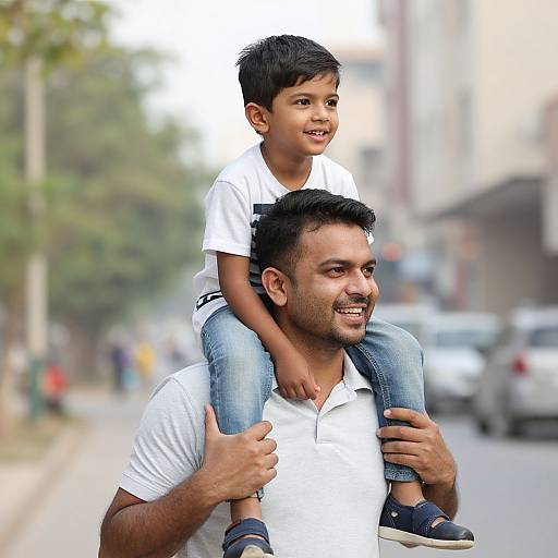 Photograph of a smiling Indian man with short black hair, wearing a white polo shirt, carrying a young boy in a white t-shirt and blue jeans