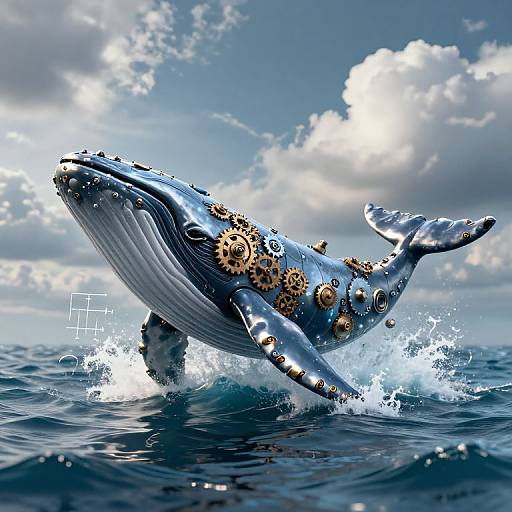 Photorealistic CGI of a blue whale with golden gears embedded in its skin, leaping out of ocean water under a bright, cloudy sky.