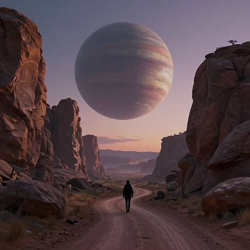 Digital art: Silhouetted figure walking down dusty desert path between towering rocks, under a massive, striped planet in a purple-pink sunset sky