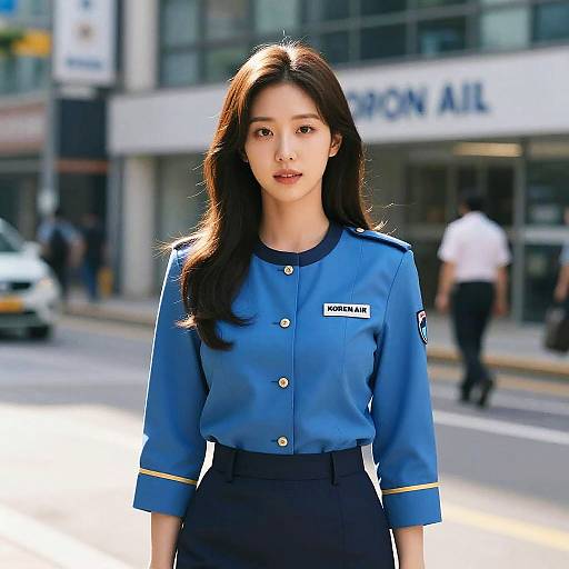 Photograph of an East Asian woman with long black hair, wearing a blue police uniform with gold buttons and black skirt, standing on a sunny city street