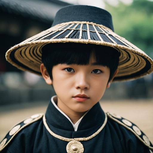 Asian Boy in Traditional Black Costume with Straw Hat