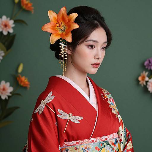 Photograph of an Asian woman in a red kimono with dragonfly embroidery, adorned with an orange lily hairpin, against a green background with