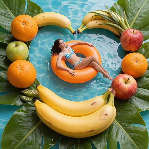 Woman on Inflatable Ring Among Tropical Fruits