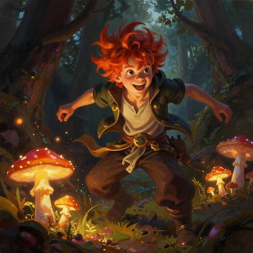 Digital fantasy artwork of a red-haired child with wild hair, smiling, leaping in a dark forest among glowing, red-capped mushrooms.