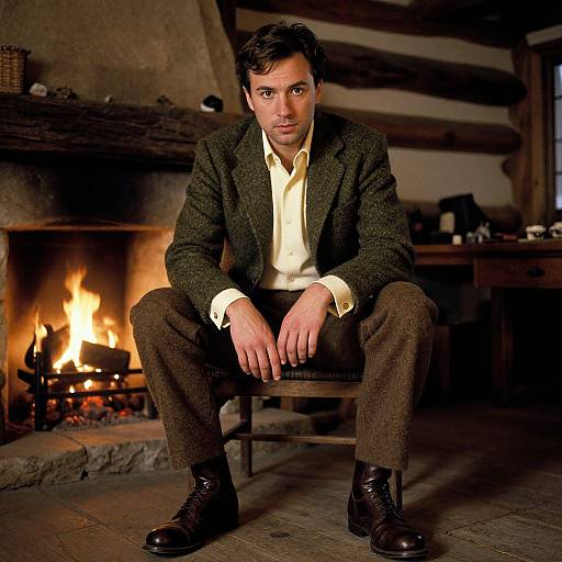 Photograph of a serious, dark-haired man in a green tweed blazer, yellow shirt, and brown pants, sitting by a roaring fireplace in