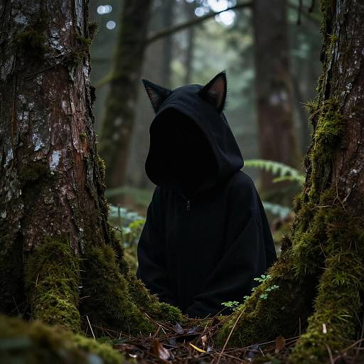 Photograph of a person in a black hooded cloak with cat ears, standing in a mossy, forested area, back facing camera.
