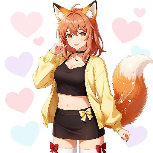 Anime-style digital drawing of a cute fox girl with orange hair, yellow eyes, black crop top, black mini skirt, yellow jacket, and white thigh