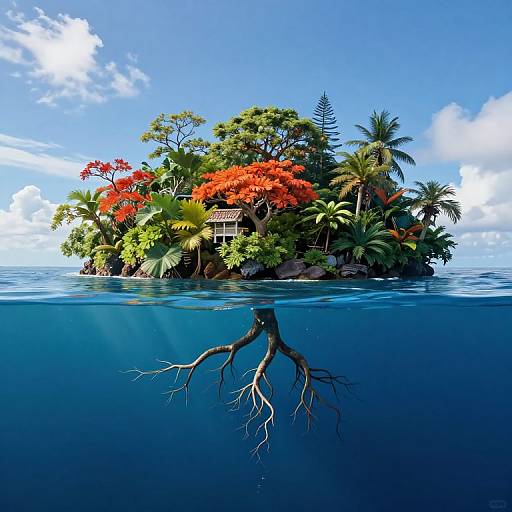 Photograph of a tropical island with vibrant red-orange trees, lush greenery, and a small house, seen above and below water, showing underwater tree