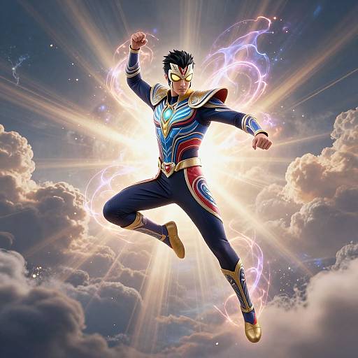 Dynamic digital artwork of a muscular, black-haired superhero with glowing mask, blue and red suit, and lightning effects, flying amidst radiant clouds.