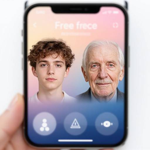 Photograph of a smartphone screen showing a young boy with curly brown hair and an older man with white hair and a mustache, against a gradient pink