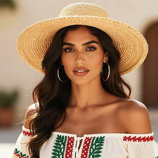Photograph of a beautiful woman with long dark hair, tan skin, wearing a straw hat, large hoop earrings, and an off-shoulder white