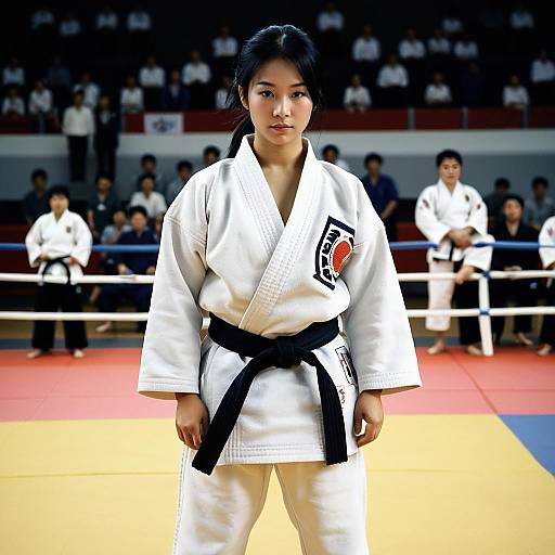 Asian Female Judoka with Black Belt in Dojo