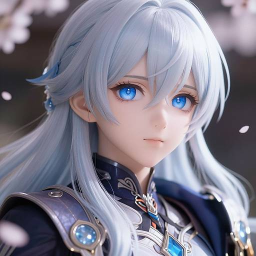 Digital anime-style portrait of a fair-skinned, blue-eyed, long-haired girl with silver hair, wearing an ornate black and blue outfit, surrounded