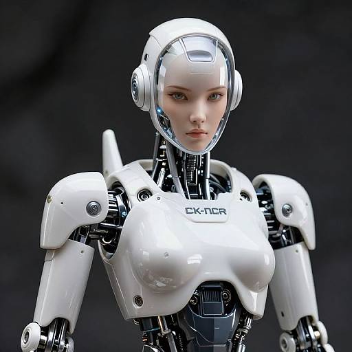 Photorealistic CGI of a female humanoid robot with white armor, blue eyes, and a sleek, futuristic design, labeled 
